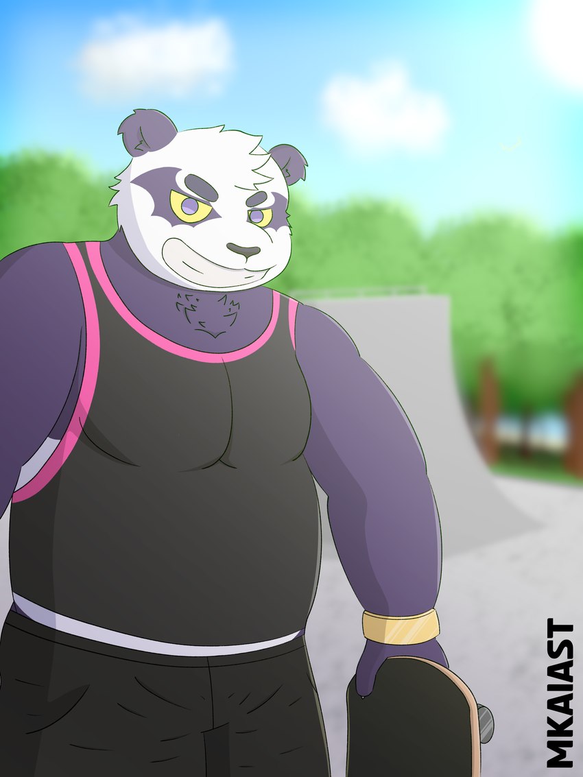 anthro black_clothing blurred_background bottomwear bracelet clothing fur jewelry male pink_clothing purple_body purple_fur shirt shorts skate_park skateboard slightly_chubby solo tank_top topwear vehicle white_body white_fur yellow_sclera mkaiast lifewonders tokyo_afterschool_summoners alp_(tas) bear giant_panda mammal absurd_res hi_res