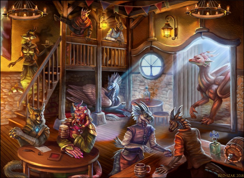 alcohol anthro bar beak beer beverage black_body black_border black_scales blue_body blue_scales border bribe brown_body brown_fur chair cleaning clothing detailed_background dialogue drinking feathers female feral fur furniture glass grey_body grey_fur group horn lamp lying male medieval playing red_body red_scales red_skin resting scales stairs table tail tavern waiter walking white_body white_feathers red-izak european_mythology mythology illarion_(talarath) onyxcenturion ravyn ravynarcadiavalos tolendare avian demon dragon gryphon mammal mythological_avian mythological_creature mythological_scalie scalie western_dragon 2018 digital_media_(artwork)