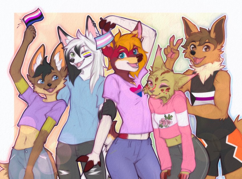 anthro black_hair blep blue_eyes cheek_tuft dipstick_ears ear_markings ear_piercing ear_ring facial_tuft fur gesture green_body green_fur group hair hand_gesture inner_ear_fluff lgbt_pride midriff multicolored_ears navel neck_tuft one_eye_closed open_mouth open_smile piercing pride_colors red_body red_fur ring_piercing smile tan_body tan_fur tongue tongue_out transgender_pride_colors tuft v_sign waving_flag white_body white_fur white_hair wink yshanii canid canine felid feline fox lynx mammal 2024 digital_drawing_(artwork) digital_media_(artwork) hi_res