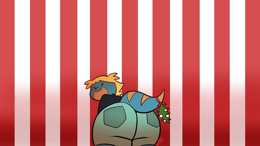 anthro big_butt blonde_hair blue_body bottomwear butt clothing female hair holidays mistletoe plant presenting presenting_hindquarters rear_view shorts slightly_chubby solo tail wide_hips potoobrigham christmas junk_planet bree_(junk_planet) humanoid lizard reptile scalie 16:9 2017 widescreen