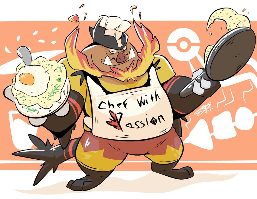 anthro apron biped black_eyebrows black_feet black_tail black_text bottomwear claws clothing cookware eyebrows fangs feet fire food frying_pan holding_object kitchen_utensils male multicolored_bottomwear multicolored_clothing omelette one_eye_closed orange_background plate red_bottomwear red_clothing red_nose red_tail sharp_teeth simple_background smile smiling_at_viewer snaggle_teeth solo standing tail teeth text text_on_apron text_on_clothing thick_eyebrows tools two_tone_bottomwear two_tone_clothing two_tone_tail white_background wink yellow_bottomwear yellow_clothing bowsarthekoopa nintendo pokemon emboar generation_5_pokemon mammal pokemon_(species) suid suina sus_(pig) 2024 digital_drawing_(artwork) digital_media_(artwork) hi_res