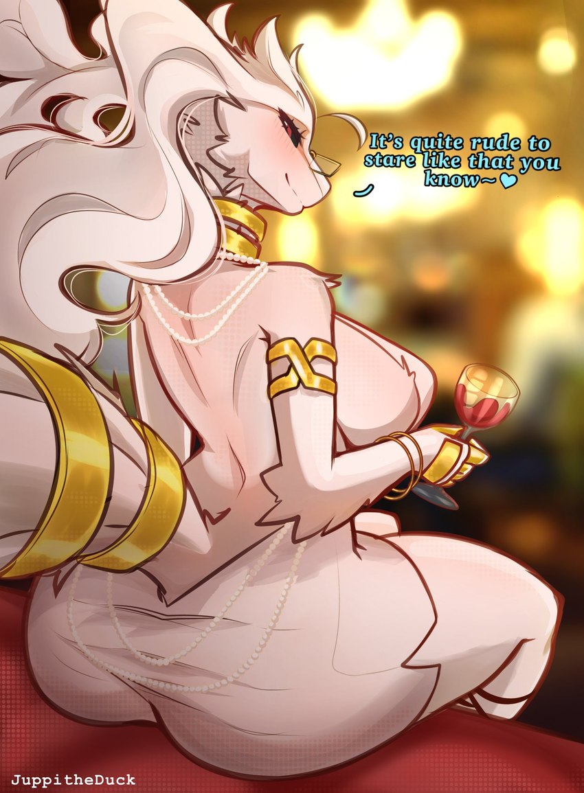 anthro big_breasts breasts clothed clothing container cup dress drinking_glass female fur glass glass_container glass_cup looking_at_viewer rear_view red_eyes tail text white_body white_fur wine_glass juppi mythology nintendo pokemon dragon generation_5_pokemon legendary_pokemon mythological_creature mythological_scalie pokemon_(species) reshiram scalie shiny_pokemon hi_res