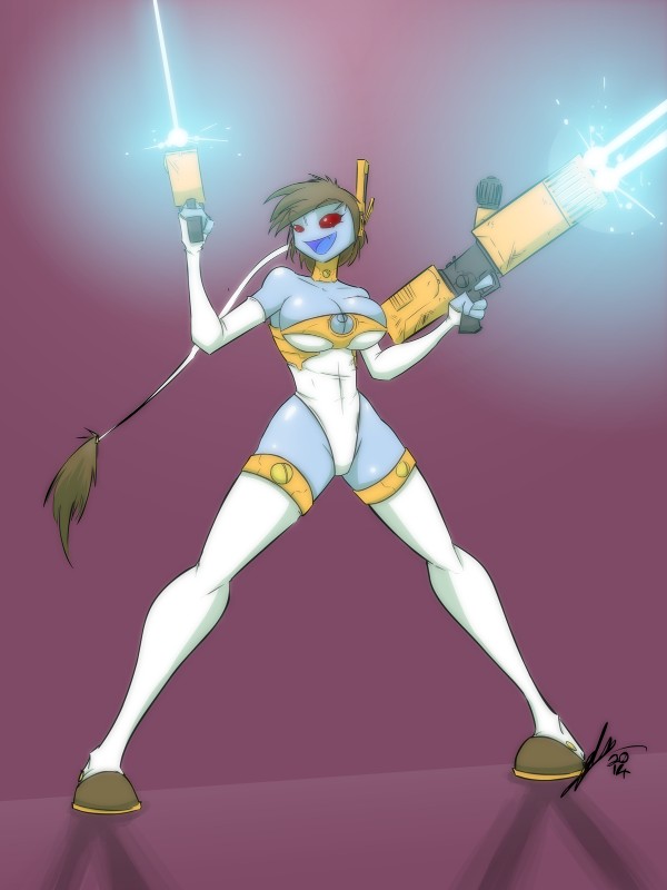 arm_warmers armwear big_breasts blue_body blue_skin breasts brown_eyes cleavage clothed clothing female gun legwear not_furry open_mouth ranged_weapon red_eyes shooting simple_background solo thigh_highs weapon sexualyeti warhammer_(franchise) warhammer_40000 alien humanoid t'au_(warhammer) hi_res