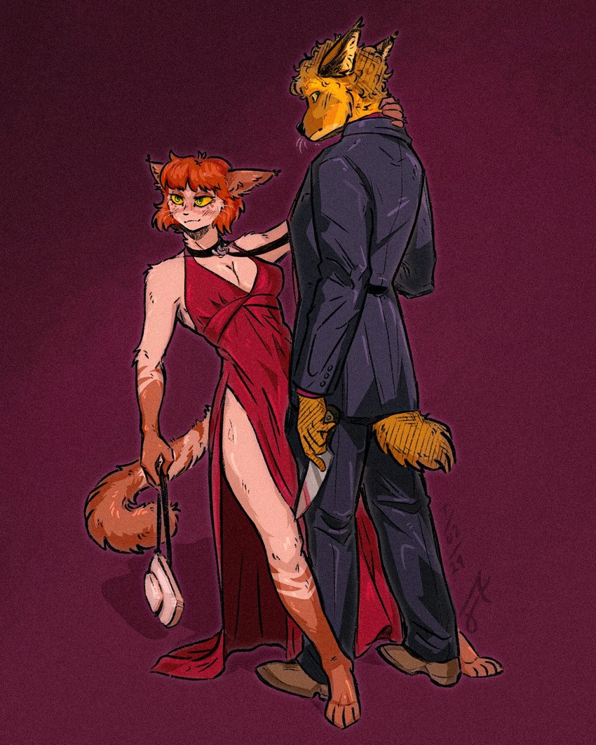 anthro big_breasts black_tie_(suit) blush breasts clothed clothing collar dominant dominant_male duo elegant_dress elegant_pose female fur hair knife_play leash leash_pull male male/female partially_clothed power_bottom purse simple_background smile suit tail wristlet_(bag) fentirsa9 aren_(fentirsa9) fentirsa_(fentirsa9) animal_humanoid canid canine canis domestic_cat felid feline felis humanoid mammal mammal_humanoid maned_wolf digital_media_(artwork) hi_res