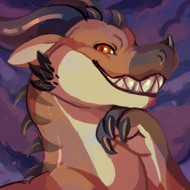 feral grin horn male paws smile solo xishka mythology malfaren dragon mythological_creature mythological_scalie scalie 1:1 hi_res