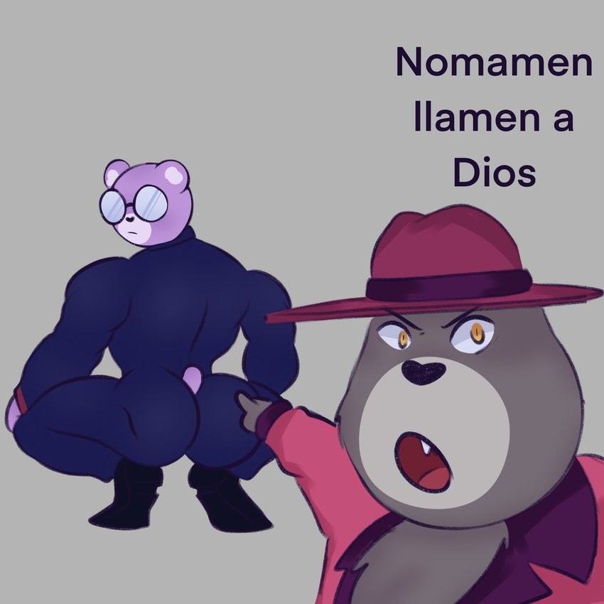 anthro brown_body butt dialogue duo eyewear glasses purple_body text yagamikuro67 broly_culo unicorn_wars padre_(unicorn_wars) sargento_caricias bear mammal 1:1 2023 hi_res meme spanish_text translated