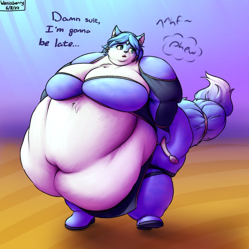 anthro belly big_belly big_butt blue_body blue_clothing blue_eyes blue_fur blue_hair boots bottomwear breasts butt clothing dialogue female footwear fur hair huge_belly huge_butt hyper hyper_belly hyper_butt morbidly_obese morbidly_obese_female obese obese_female overweight overweight_female pants shoes solo suit text wide_hips wenisberry nintendo star_fox krystal_(star_fox) canid canine fox mammal 1:1 2022 english_text hi_res