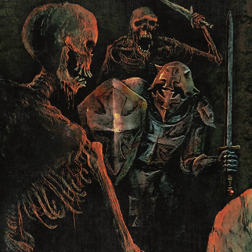 ambiguous_gender armor bone cross group headgear helmet holding_melee_weapon holding_object holding_sword holding_weapon horror_(theme) knight melee_weapon not_furry rib_cage shield skeleton skull sword teeth text trio warrior weapon plastiboo animated_skeleton human humanoid mammal undead 1:1 english_text hi_res