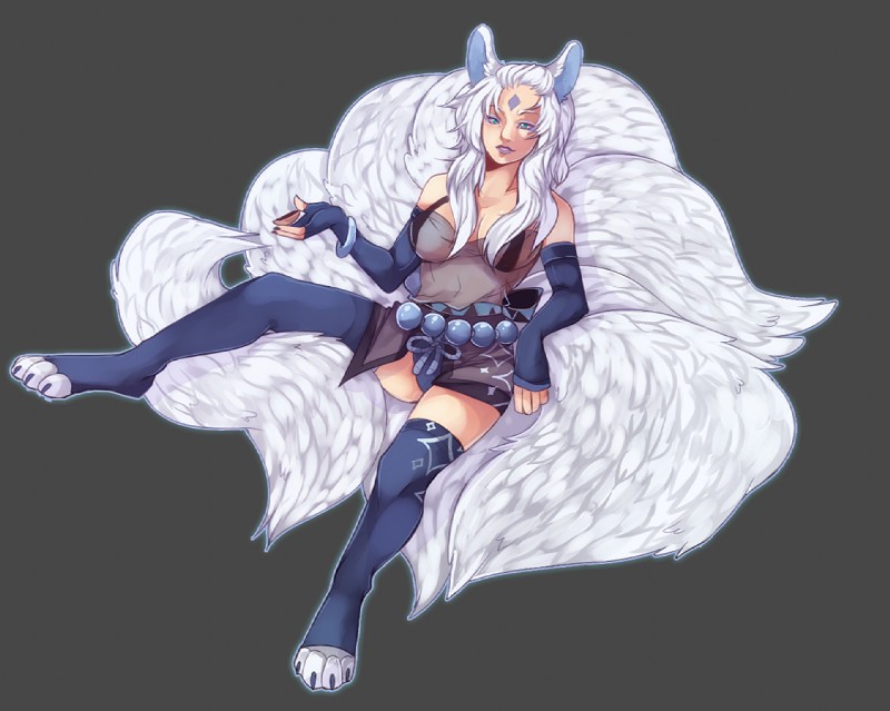 armwear belt blue_eyes breasts claws clothing detached_sleeves facial_markings female footwear grey_background hair head_markings legwear long_hair markings multi_tail panties simple_background smile socks solo stockings tail toeless_footwear toeless_socks underwear white_hair ookami-kun animal_humanoid humanoid hybrid