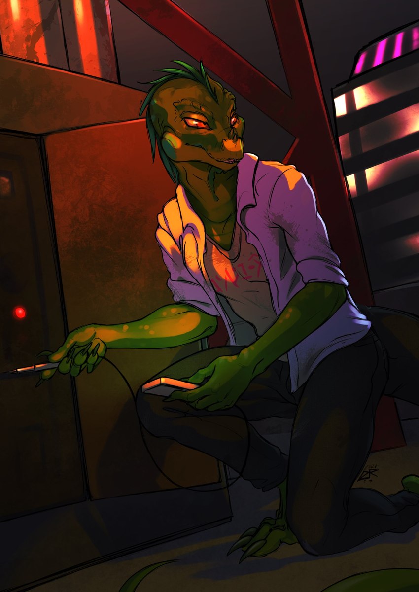 anthro male red_eyes smile solo ldr iguana iguanid lizard reptile scalie 2021 absurd_res digital_media_(artwork) hi_res