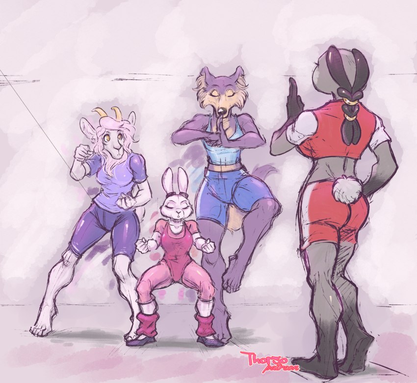 anthro athletic_wear bottomwear butt clothing exercise exercise_clothing eyes_closed female front_view fur grey_body grey_fur group leotard midriff on_one_leg rear_view shirt shorts standing t-shirt tank_top tied_ears topwear training white_body white_fur thorso_the_vile beastars els_(beastars) haru_(beastars) juno_(beastars) kyuu_(beastars) angora_goat bovid canid canine canis caprine domestic_goat domestic_rabbit dwarf_rabbit goat lagomorph leporid lop_rabbit mammal oryctolagus rabbit wolf 2021