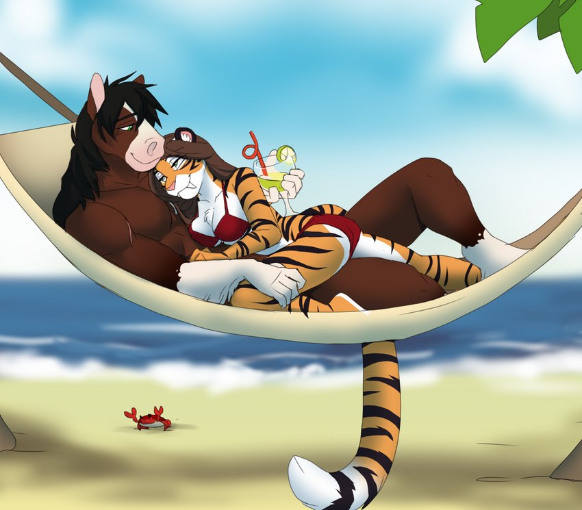 anthro beverage bikini bikini_bottom bikini_top breasts brown_hair clothed clothing countershading duo fangs female fur green_eyes hair hammock holding_beverage holding_object male orange_body orange_fur sabertooth_(anatomy) smile striped_body striped_fur stripes swimwear teeth two-piece_swimsuit white_body white_fur jailbird alex_marx tashi_gibson clydesdale draft_horse equid equine felid horse mammal pantherine prehistoric_species saber-toothed_tiger tiger 2022 digital_media_(artwork) shaded story story_at_source story_in_description