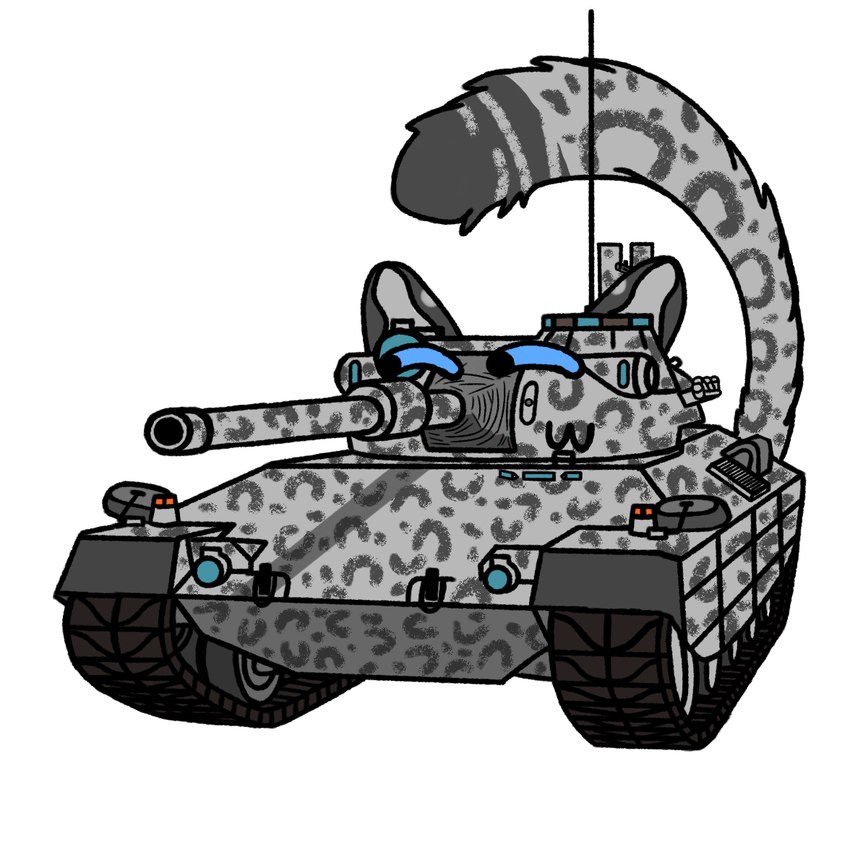 ambiguous_gender black_spots blue_eyes grey_body grey_tail humor italy machine progettom4065_(tank) silly_face simple_background smile spots tail tank vehicle white_background progettom4065 world_of_tanks dire_machine dire_tank dire_vehicle felid living_machine living_tank living_vehicle mammal pantherine snow_leopard