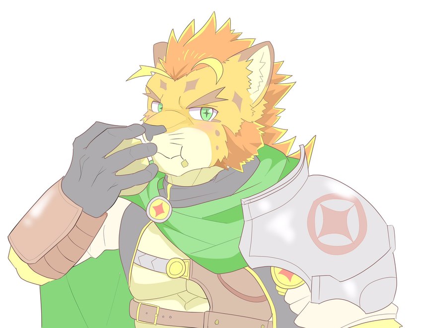 anthro armor cape clothing eating food gloves green_eyes hair handwear male muscular muscular_anthro muscular_male orange_hair pecs plant solo sweet_potato vegetable ho_jiro lifewonders live_a_hero rutilix_(live_a_hero) felid lion mammal pantherine hi_res