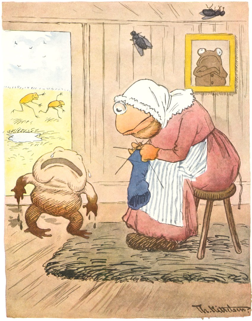 ambiguous_gender anthro apron biped bodily_fluids bonnet clothing crying dress feral furniture group headgear headwear knitting knitting_needle mud muddy on_stool picture_frame pink_clothing pink_dress puddle rug running sad sitting stool tears yellow_body theodor_kittelsen public_domain ambient_bird amphibian arthropod fly_(animal) frog insect hi_res signature traditional_media_(artwork) grandchild_(lore) grandmother_(lore) grandmother_and_grandchild_(lore) grandparent_(lore) grandparent_and_grandchild_(lore)