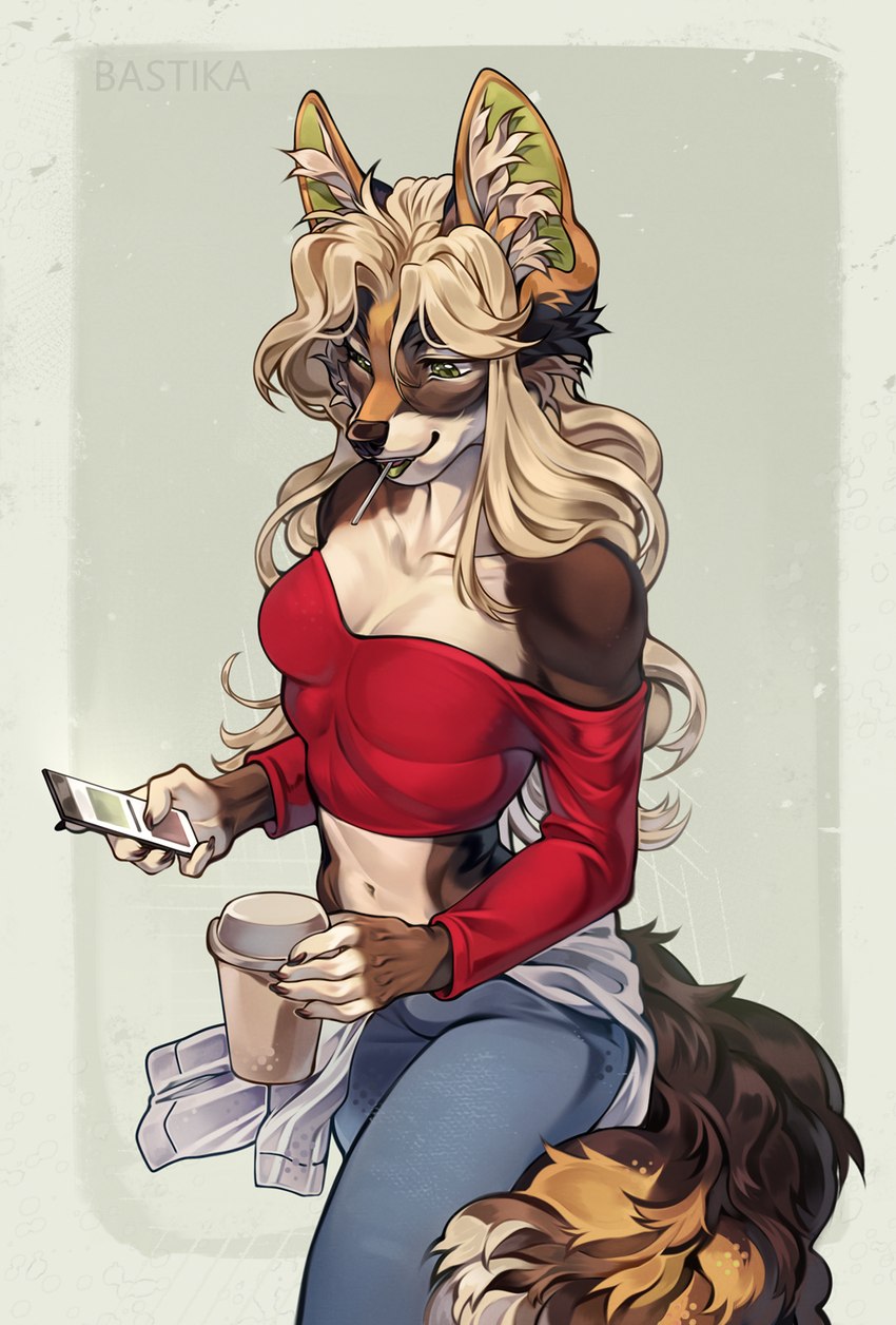 5_fingers anthro biped blonde_hair bottomwear breasts brown_body brown_fur candy cellphone claws clothed clothed_anthro clothed_female clothing container countershade_torso countershading cup dessert electronics female finger_claws fingers food front_view fully_clothed fully_clothed_anthro fully_clothed_female fur green_hair grey_tail hair holding_cellphone holding_container holding_cup holding_object holding_phone inner_ear_fluff lollipop lollipop_in_mouth looking_at_cellphone looking_at_object looking_at_phone looking_down looking_down_at_object navel open_mouth pants phone simple_background solo standing tail teeth tongue topwear tuft bastika canid canine mammal 2025 digital_media_(artwork) hi_res