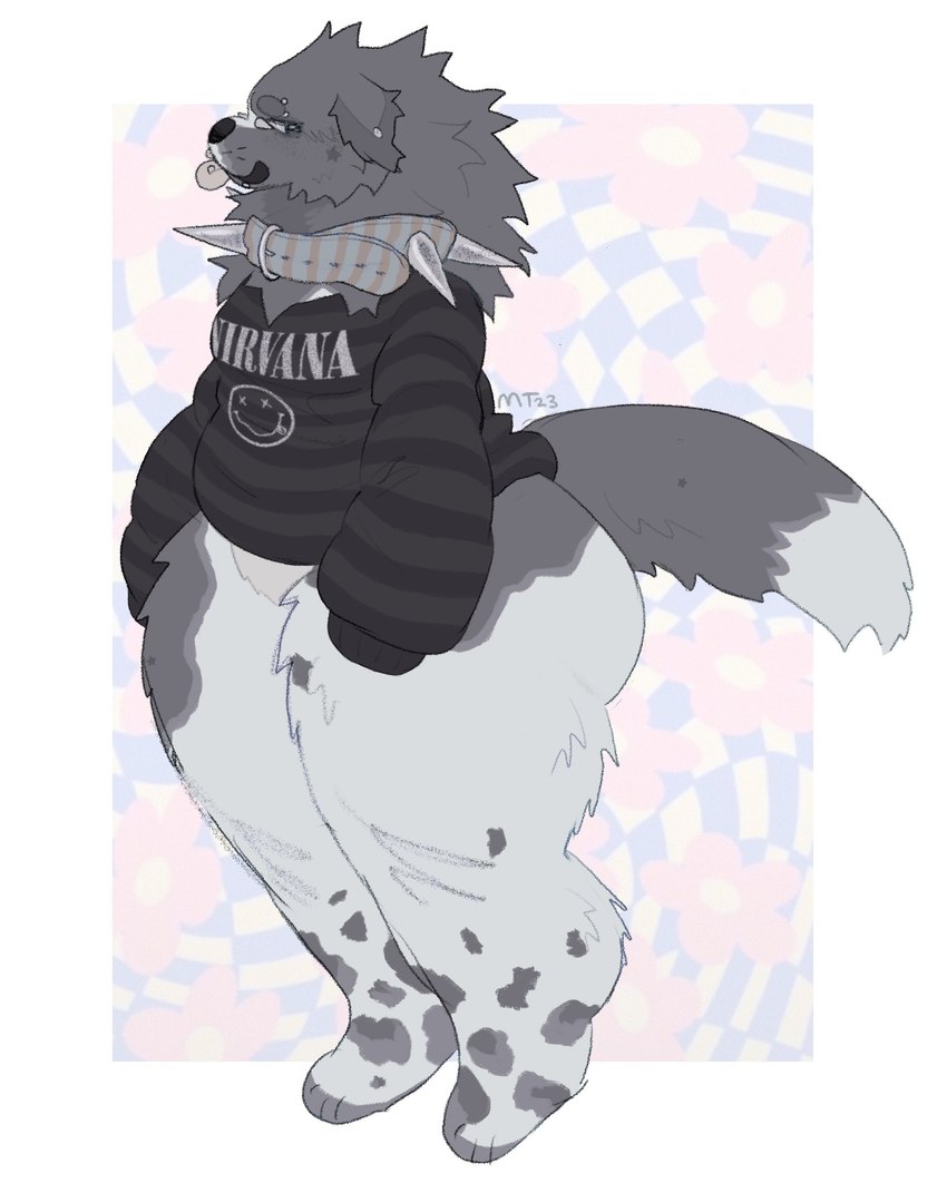 anthro band_merch big_butt bottomless butt clothed clothing collar female huge_butt solo spiked_collar spikes sweater thick_thighs topwear topwear_only wide_hips wobbybones nirvana indie_(wobbybones) canid canine canis domestic_dog mammal hi_res