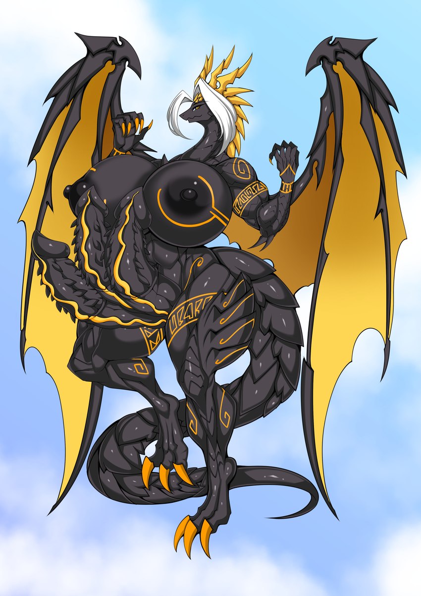 3_penises anthro big_breasts black_body black_nipples breasts dragon_tail dragon_wings genitals gynomorph horn huge_breasts hyper hyper_breasts intersex markings membrane_(anatomy) membranous_wings multi_genitalia multi_penis nipples penis tail wings yellow_membrane questzer mythology olexa_vrane dragon mythological_creature mythological_scalie scalie absurd_res hi_res