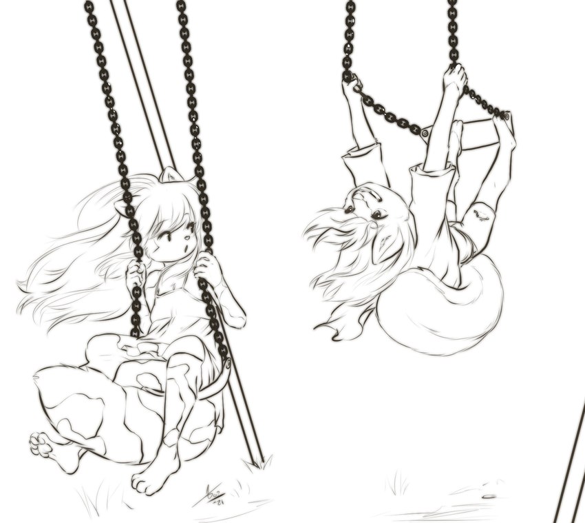 action_pose anthro clothed clothing dress duo female fur hair looking_back mottled piebald pose swinging swings swingset aogami aniko_rose selene_blackcat calico_cat canid canine canis domestic_cat domestic_dog felid feline felis mammal 2021 greyscale hi_res monochrome