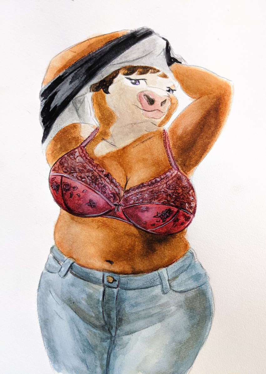 belly big_breasts big_female bottomwear bra breasts brown_body clothed clothing denim denim_bottomwear denim_clothing female hair hoof_hands looking_at_viewer mature_female navel purple_eyes raised_clothing raised_shirt raised_topwear red_bra red_clothing red_underwear shirt simple_background slightly_chubby slightly_chubby_female smile smiling_at_viewer solo tail thick_thighs topwear underwear undressing wide_hips ichinoseura emi_(ichinoseura) bovid bovine cattle mammal absurd_res hi_res