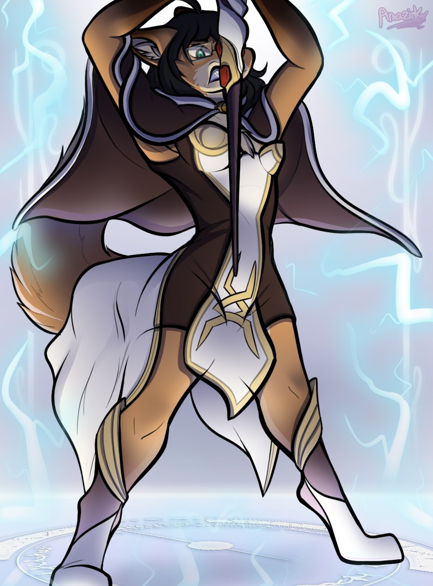 anthro arms_above_head brown_body brown_fur cape casting_spell clothed clothing electricity eyewear fantasy femboy fur glasses grey_hair hair lightning_bolt long_hair magic magic_user male orange_body orange_fur solo spell spread_legs spreading staff standing tan_body tan_fur amazinky hi_res