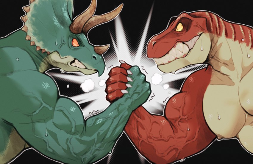 anthro arm_wrestling biceps bodily_fluids countershading duo green_body green_scales horn male male/male muscular muscular_anthro muscular_male nipples non-mammal_nipples pecs red_body red_scales red_sclera scales sweat teal_body teal_scales vein veiny_muscles yellow_sclera k0bit0wani ceratopsian dinosaur ornithischian prehistoric_species reptile scalie triceratops absurd_res hi_res