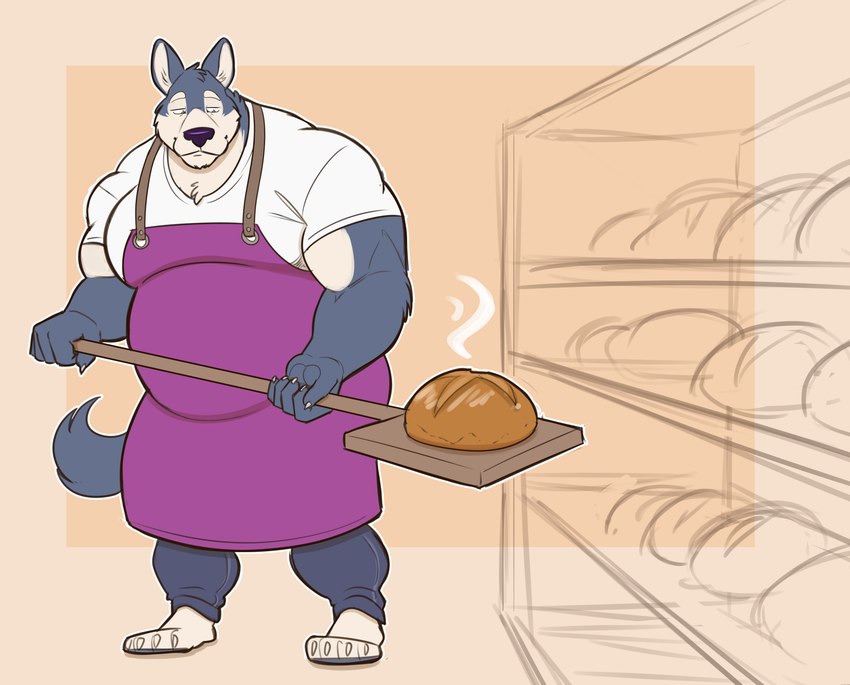 4_toes 5_fingers anthro apron baking belly black_nose blue_bottomwear blue_clothing blue_pants bottomwear bread claws clothing cooking feet fingers food fur grey_body grey_fur male musclegut muscular muscular_anthro muscular_male overweight overweight_anthro overweight_male pants pecs peel_(cooking_utensil) purple_apron purple_clothing shelf shirt smile solo steam toes topwear white_clothing white_shirt white_topwear lizard_soup tommy_(jeffieb19) canid canine canis mammal wolf absurd_res hi_res