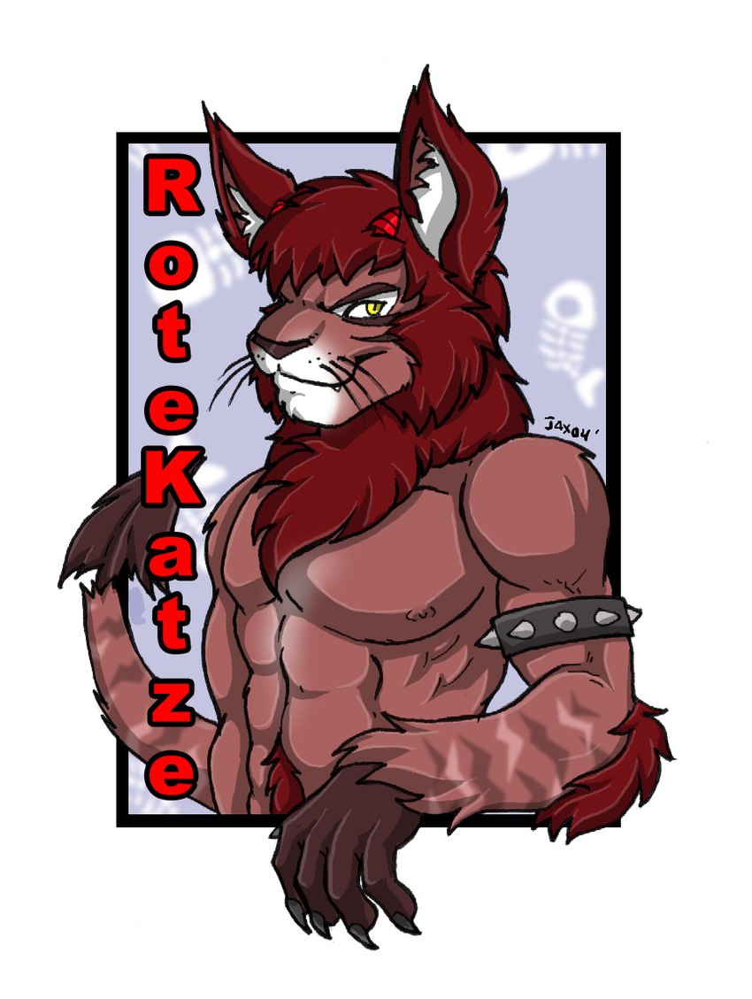 abs abstract_background anthro armband blue_background brown_nose fangs fur hair looking_at_viewer male muscular muscular_anthro muscular_male pecs red_body red_fur red_hair simple_background solo tail teeth whiskers white_background yellow_eyes jax_the_bat rotekatze demon felid mammal