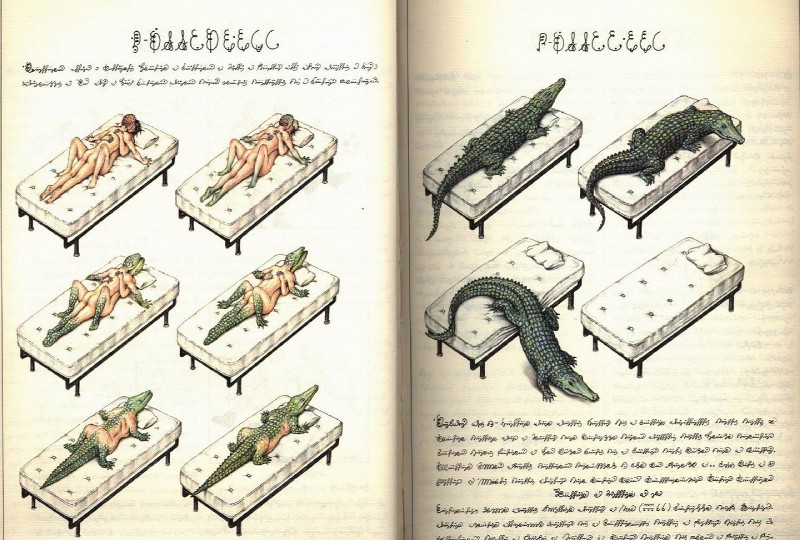 bed butt female feral from_front_position furniture green_body green_scales group hug lying male male/female merging missionary_position nude on_back scales sex solo_focus text transformation transformation_through_sex what what_has_science_done luigi_serafini codex_seraphinianus crocodile crocodilian crocodylid human mammal reptile scalie 1981 english_text