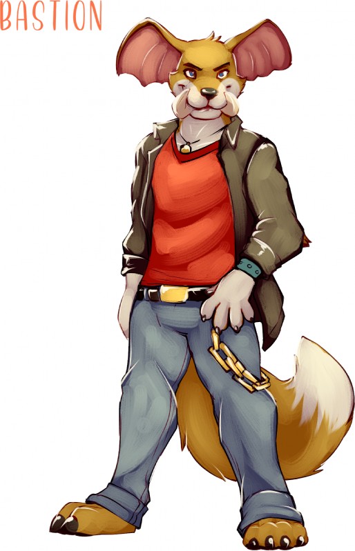 anthro big_tail bottomwear chain claws clothed clothing fur jacket jewelry looking_at_viewer male necklace pants paws pose shirt simple_background smile solo tail topwear tusks bastionshadowpaw tripwire_(character) canid canine elephant elephantid fox hybrid mammal pholidine porcupine proboscidean rodent hi_res