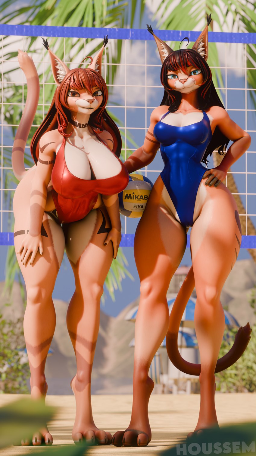 anthro beach beach_umbrella bent_over big_breasts breast_size_difference breasts class clothing digitigrade duo female female/female hand_on_hip huge_breasts one-piece_swimsuit palm_tree parasol plant raised_tail smile sport swimwear tail thick_thighs tree tufted_ears volleyball wide_hips houssem mayosplash_(modeler) ashley_(mutagen) kate_hayashi_(itskeichii) caracal caracal_(genus) felid feline mammal 2024 3d_(artwork) 4k 9:16 absurd_res digital_media_(artwork) hi_res