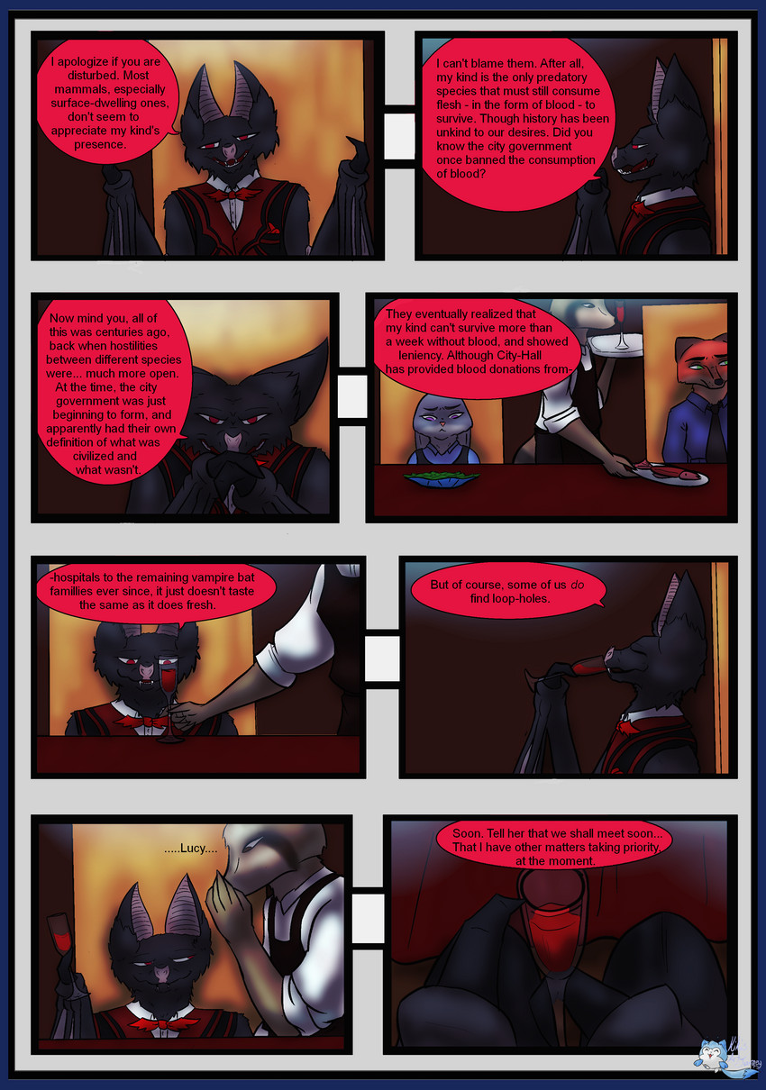 anthro blood blue_border bodily_fluids border dialogue fanfic fanfiction fangs female group male male/female teeth upplet when_instinct_falls wings kikis-art-journey lettup disney zootopia bat canid canine fish fox lagomorph leporid mammal marine procyonid rabbit raccoon salmon salmonid_(fish) absurd_res comic hi_res