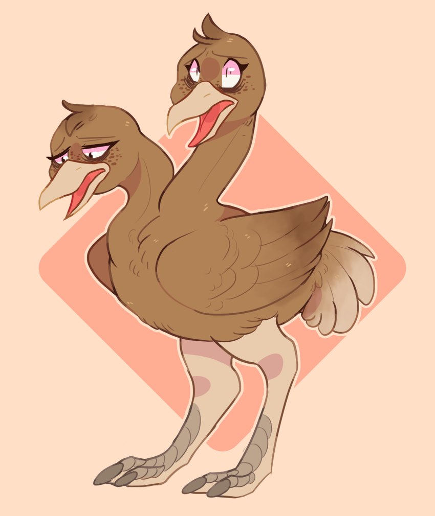 2_heads beak biped brown_body brown_feathers claws digitigrade feathered_wings feathers female feral freckled_face freckles multi_head open_mouth pink_background pink_tongue simple_background solo standing tan_beak tongue wings aevris nintendo pokemon avian doduo generation_1_pokemon pokemon_(species) 2017 cel_shading digital_drawing_(artwork) digital_media_(artwork) full-length_portrait hi_res portrait shaded