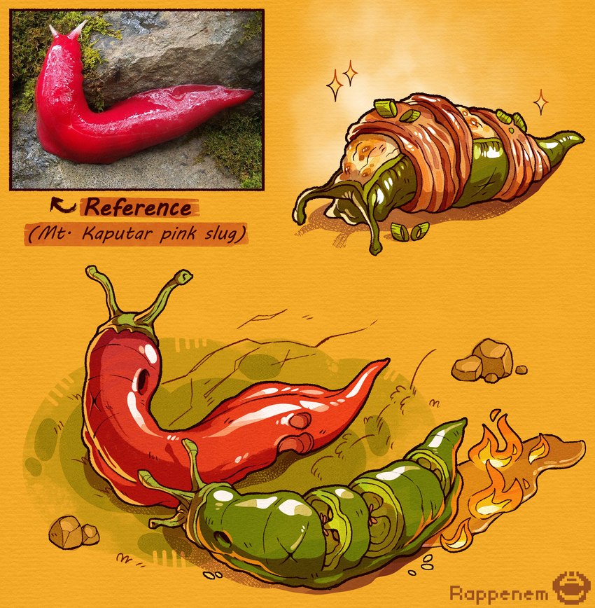 ambiguous_gender duo feral fire food fruit green_body jalapeno_pepper legless pepper_(fruit) plant red_body solo rappenem elemental_creature flora_fauna gastropod mollusk slug absurd_res clip_studio_paint_(artwork) digital_media_(artwork) hi_res multiple_images reference_image