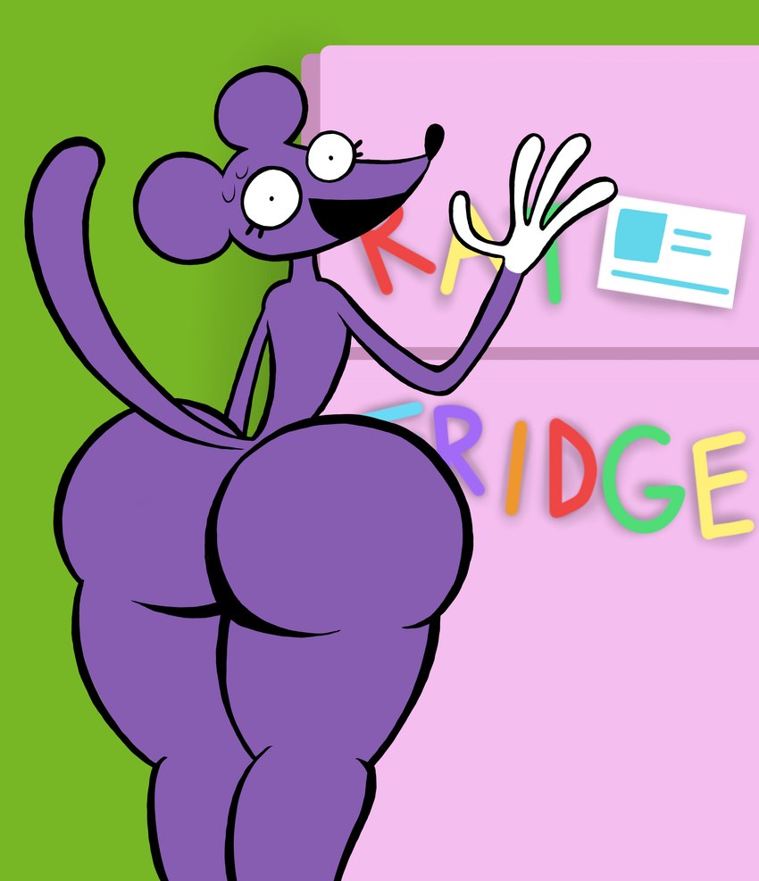 anthro appliance big_butt butt cartoon_eyes femboy fridge green_background green_wall huge_butt inside kitchen_appliance long_fingers male purple_body simple_background solo thick_thighs toony white_hands orangedo69 rat_snacks simon_(rat_snacks) mammal mouse murid murine rodent absurd_res hi_res