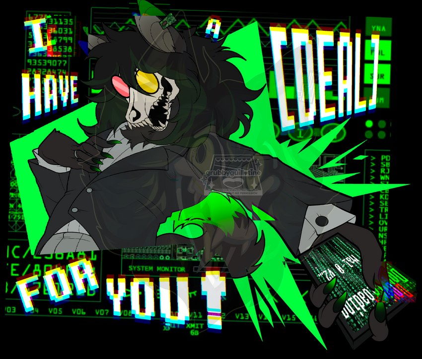 anthro black_body black_fur black_hair bone bottomwear cellphone claws clothing deal electronics eyewear femboy fur fuzzy glasses glowing green_claws hair jacket jewelry male open_mouth paws phone piercing question_mark ring skull skull_head solo teeth topwear youtuber grubbyguillotine deltarune scp_foundation undertale_(series) vtuber mal mal0 malo_v2.0 scp-1471-a spamton_g._spamton canid canine canis malo malo_2.0 mammal monster wolf alpha_channel hi_res