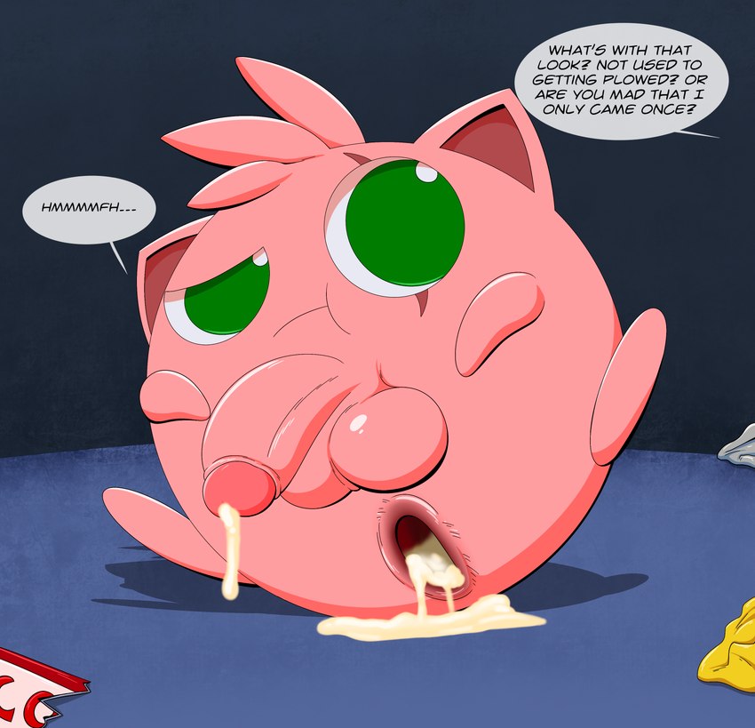 annoyed anus balls bodily_fluids cum cum_drip cum_in_ass cum_inside dialogue dripping eye_scar facial_scar gaping gaping_anus genital_fluids genitals humanoid_genitalia humanoid_penis legs_up looking_at_another male offscreen_character penis scar solo text trash trash_on_ground unimpressed tepigfan101 nintendo pokemon creampuff_(tepigfan101) generation_1_pokemon jigglypuff pokemon_(species) waddling_head absurd_res english_text hi_res