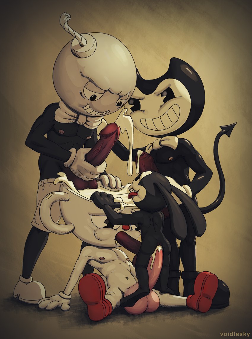 bendy the dancing demon, cuphead, julius oppenheimmer jr., and oswald the lucky rabbit (bendy and the ink machine and etc) created by voidlesky