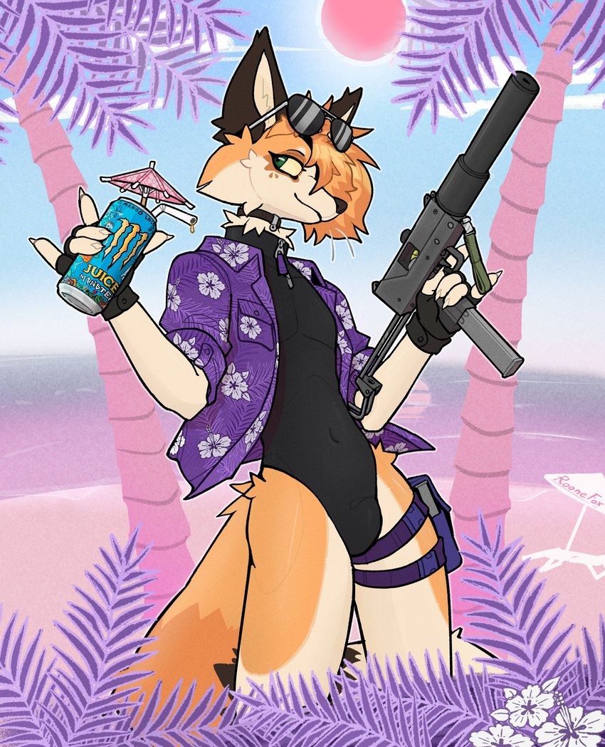 anthro beach beverage clothing eyewear fingerless_gloves gloves gun handwear holding_gun holding_object holding_ranged_weapon holding_weapon mac-10 male onesie ranged_weapon solo standing submachine_gun sunglasses thigh_holster weapon roonefox military_armament_corporation monster_energy canid canine fox mammal 2024 absurd_res hi_res