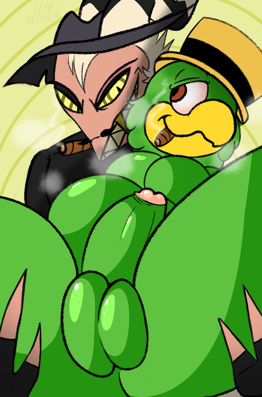 abstract_background anthro balls belly cigar drugs duo fangs genitals gold_(metal) gold_tooth male male/male marijuana penis simple_background slightly_chubby smoke smoking spiral_background spiral_eyes teeth raccoon_mints disney helluva_boss jose_carioca striker_(helluva_boss) avian bird demon imp parrot reptile scalie snake absurd_res hi_res