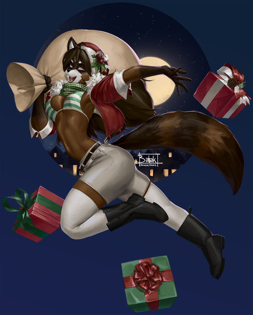 anthro belt bikini bikini_top black_nose boots bottomwear breasts brown_body brown_fur brown_hair butt clothing female footwear full_moon fur gift hair hat headgear headwear holidays legwear moon night open_mouth outside pants shoes shorts smile solo swimwear thigh_highs two-piece_swimsuit botak christmas ailurid mammal red_panda 2020 hi_res