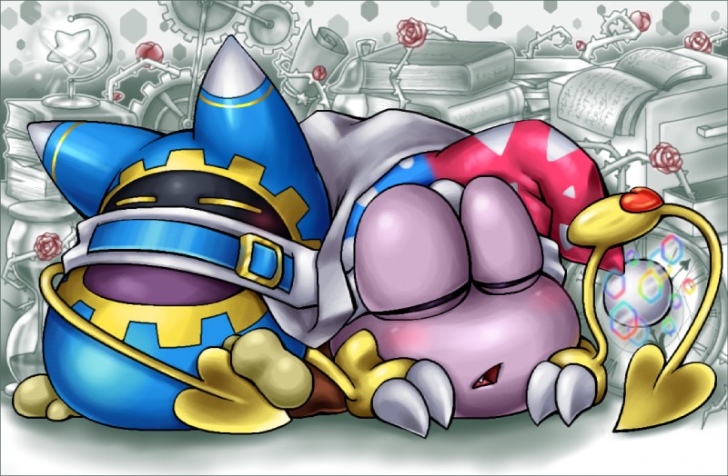 ambiguous_gender blue_border border clothing duo eyes_closed flower fool's_hat hat headgear headwear not_furry open_mouth plant rose_(flower) sleeping box_xod kirby_(series) nintendo magolor marx_(kirby) waddling_head 2013