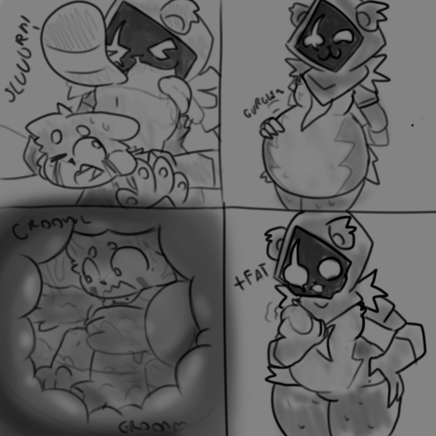 ambiguous_gender ambiguous_prey bloated digestion_noises duo female female_pred inside_stomach male male/female male_prey post_vore_weight_gain roll rumbling_stomach same_size_vore silly swallowing vore vorebelly weight_gain unknown_artist epic_games fortnite raven_team_leader ailurid mammal red_panda hi_res