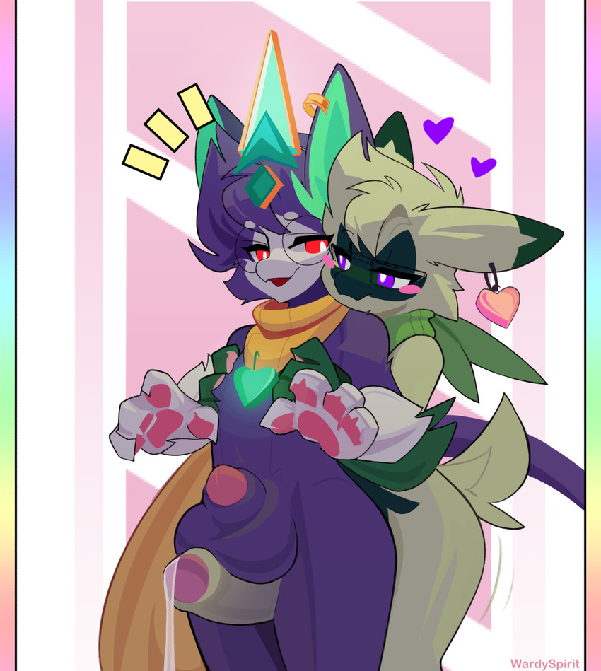 animal_genitalia anthro balls big_balls duo ear_piercing eyewear genitals glasses heart_symbol hyper male male/male piercing purple_eyes rectangular_glasses red_eyes romantic romantic_couple round_glasses scarf sheath warden006 nintendo pokemon battle_principal_yuumi ginko_(warden006) principal_yuumo_(warden006) domestic_cat felid feline felis floragato generation_9_pokemon mammal pokemon_(species)