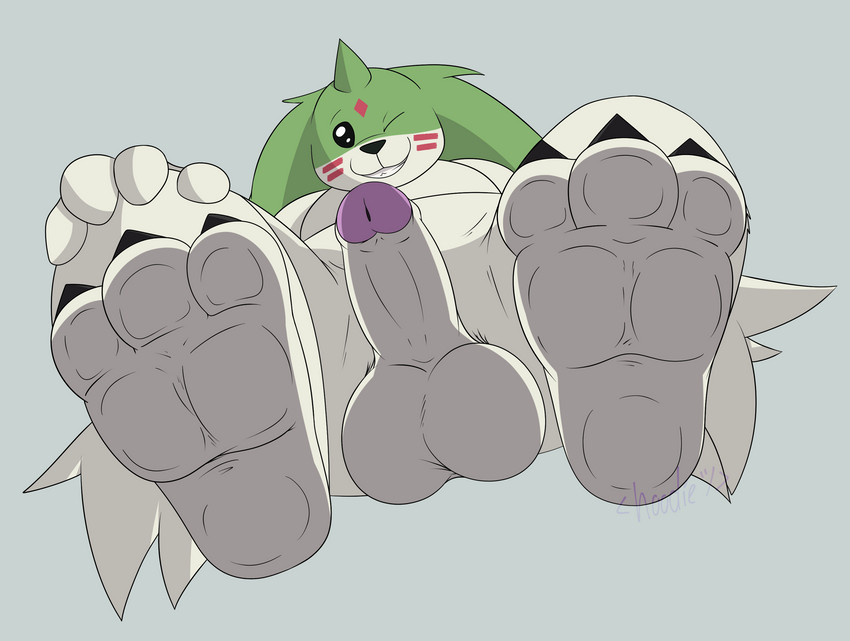 3_toes anthro balls barefoot claws feet foot_focus fur fur_markings genitals humanoid_genitalia humanoid_penis long_ears looking_at_viewer looking_down male markings multicolored_body multicolored_fur penis soles solo toes fluffihoodie bandai_namco digimon digimon_(species) gargomon mammal hi_res