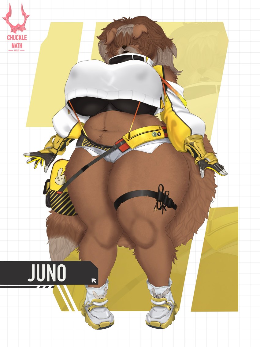 anthro bag big_breasts breasts brown_body brown_fur brown_hair clothed clothing cosplay covered_eyes female footwear fur gloves hair handwear leg_belt multicolored_hair navel shoes slightly_chubby slightly_chubby_female sneakers solo thick_thighs thight_clothing two_tone_hair aomaarts elegg_(nikke) juno_(charliecorvinus) canid canine canis domestic_dog livestock_guardian_dog mammal molosser mountain_dog pastoral_dog tibetan_mountain_dog absurd_res hi_res