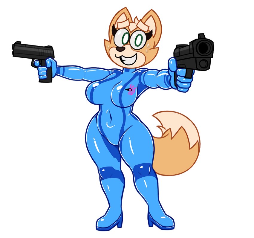 anthro bodysuit boots breasts brown_body brown_fur clothing crossgender dual_wielding female footwear frown_eyebrows fur green_eyes gun high_heeled_boots high_heels holding_object holding_weapon looking_at_viewer ranged_weapon shoes simple_background skinsuit smile solo tail teeth thick_thighs tight_clothing weapon zero_suit acstlu metroid nintendo star_fox fox_mccloud zerosuit_fox canid canine fox mammal 2022 hi_res