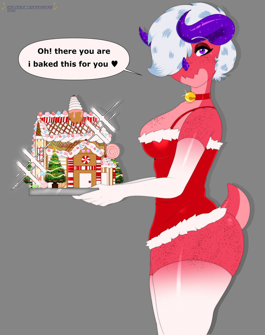 anthro big_breasts breasts collar dialogue female gingerbread_house holidays purple_eyes red_body solo tail text cinnamonrug christmas mythology berry_the_dragon dragon mythological_creature mythological_scalie scalie 2020 english_text hi_res