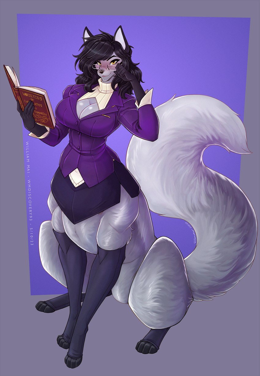 big_breasts black_hair blush book breasts cleavage cleavage_cutout clothed clothing cutout eyewear female glasses hair leg_markings legwear long_tail markings socks_(marking) stockings suit tail thigh_highs yellow_eyes wmdiscovery93 canid canid_taur canine canine_taur fox fox_taur mammal mammal_taur taur hi_res