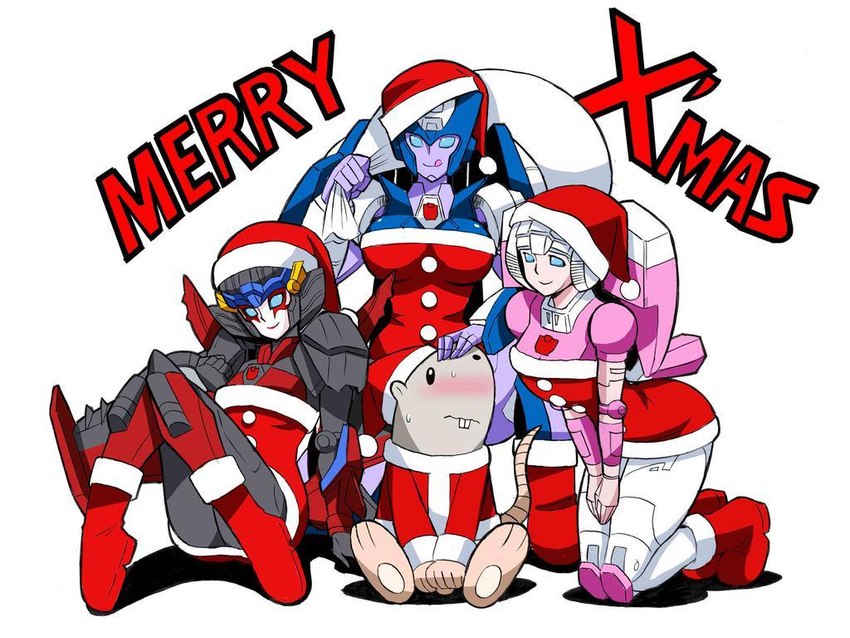 anthro autobot big_breasts blue_eyes blush bodily_fluids breasts christmas_clothing christmas_headwear clothing costume female fur grey_body grey_fur group hat headgear headwear holidays kneeling machine male nervous nervous_sweat santa_costume santa_dress santa_hat sitting sweat hayato_sakamoto_(artist) christmas hasbro takara_tomy transformers transformers:_beast_wars arcee chromia rattrap windblade cybertronian living_machine mammal maximal murid murine rat robot rodent 4:3 aunt_(lore) aunt_and_nephew_(lore) nephew_(lore)